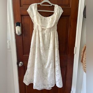 White Lace Midi Dress XL Cottagecore Puff Sleeve Eyelet Boho Prairie Bridal